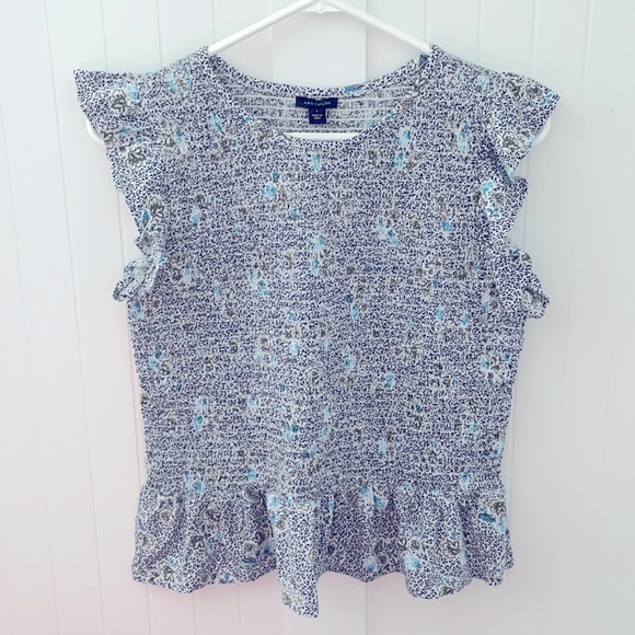NWT Ann Taylor L Smocked Shirt Floral Gathered Blue fitted New Large - Picture 1 of 7